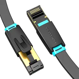 Плоский сетевой патч-корд Vention длина 2 м Ethernet-кабель штекеры RJ45 8P8C с обоих концов Cat.8 40 Гбит/с 2000 МГц теоретические показатели могут ограничиваться сетевым оборудованием двойное экранирование SSTP чёрный (IKCBH)