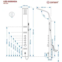 Душова панель Corsan Kaskada silver LED з виливом та термостатом A014MSLLEDW, Сірий - мініатюра 5