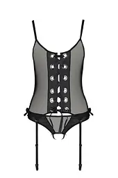 Корсет зі шнурівкою Passion NESSY CORSet L/XL black стрінги з відкритим доступом пажі для панчіх - мініатюра 3