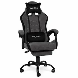 Геймерське крісло DEXON ORION X з підставкою для ніг, з велюру, металева хрестовина, Чорний-Сірий - мініатюра 1