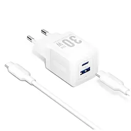 Зарядний пристрій Vention 1xUSB-C PD 30 Вт + 1xUSB QC 3.0 30 Вт GaN + кабель USB-C — USB-C 1.0 м білий (TZ-FEQW0-EU-01)