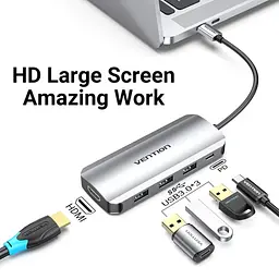 Док-станція USB3.1 Type-C - HDM/USB 3.0х3//PD 100W 5-in-1 Vention (THFHB) - мініатюра 6