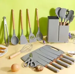 Набір кухонного приладдя Сірий на підставці TS Kitchen 19 штук із силікону з бамбуковою ручкою - мініатюра 6