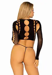 Комплект безшовної білизни Leg Avenue Long sleeve crop top & string Black, One Size, топ, стрінги - мініатюра 2