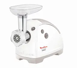 Moulinex М'ясорубка, 2000Вт, 2.6кг/хв, 3 решітки, насадка для ковбас, кеббе, 5 терок, пластик, біло-сірий