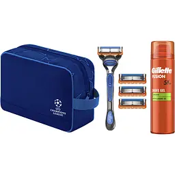 Подарунковий набір Gillette Fusion 5 UEFA Champions League Special Edition: станок для гоління з 4 змінними картриджами + Гель для гоління для чутливої шкіри 200 мл + косметичка