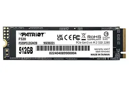 Твердотільний SSD накопичувач 512Gb, Patriot P320, PCI-E 3.0 x4, M.2 2280, 3D TLC, 3000/2200 МБ/с (P320P512GM28)