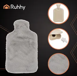 Гумова грілка з плюшевим чохлом Ruhhy 26383, 1.8 л, Bunny, сірий/бежевий — тепло для тіла до 3 годин - мініатюра 3