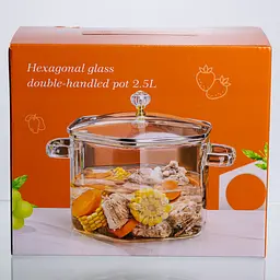 Каструля скляна Yiwu Diamond Crystal HP-34-40 2.5 л з кришталевою ручкою прозора боросилікатне скло - мініатюра 6