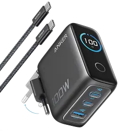 Мережевий зарядний пристрій Anker GaN Charger 100W 2xUSB-C PD & 1xUSB-A w Display and Cable сірий (B121BGZ1)