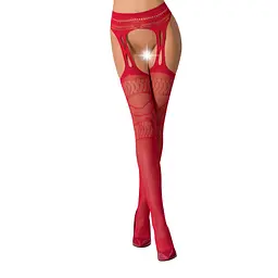 Сітчасті панчохи-стокінги Passion S020 One Size, Red, ажурний візерунок, імітація пояса з гартерами - мініатюра 1