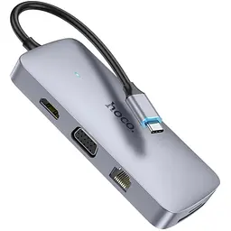 Мульти адаптер хаб Hoco HB33 10в1 Type-C to USB 3.0/ 2 USB 2.0/ Type-C/ HDMI/ VGA/ RJ45/ AUX/ SD/ TF PD 100W 0.18m сірий