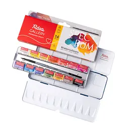 Набір акварельних фарб з пензлем SPECTRUM 14×2,5 мл кювета Індіго металевий пенал ROSA Gallery (4823098544760)