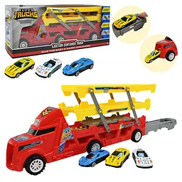 Ігровий набір Super trucks: вантажівка-автовоз з механізмом запуску та 3 машинками (038-3A)