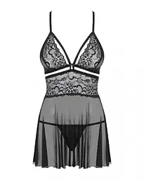 Еротичний мереживний комплект із сіточкою Obsessive 838-BAB-1 babydoll & thong black L/XL, чорний, п - мініатюра 6