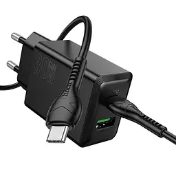 МЗП Hoco N71 Nuevo PD30W+QC3.0 (1USB-A/1C) + кабель Type-C to Type-C Black - мініатюра 3