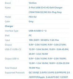 Зарядний пристрій Vention 70W GaN FEX 1U+2C чорний євровилка - мініатюра 8