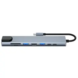 Хаб USB GTL "8-in-1", Grey, Type-C 3.1 - 1xType-C (100 Вт) / 1xType-C 2.0 / 1xUSB 3.0 / 1xUSB 2.0 / HDMI / GLan / microSD / SD, кабель 15 см, алюмінієвий корпус (GTLHUB8IN1) - мініатюра 2