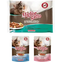 Набір вологих кормів для стерилізованих котів Migliorgatto Sterilized лосось 2 шт. + риба та креветки 2 шт. 340 г (4 шт. x 85 г) - мініатюра 2