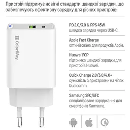 Зарядний пристрій ColorWay C101E GaN Mini 45 Вт PD PPS USB-C + USB-A QC 4.0 білий (CW-CHS060PD-WT) - мініатюра 10