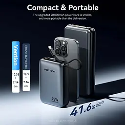 Батарея універсальна Vention 20000 mAh 45W Mini with Built-in USB-C Cable Gray (FHGH0) - мініатюра 5