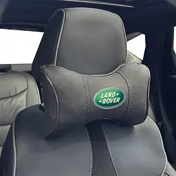 Подушка на підголівник з логотипом Land Rover Екошкіра 3D Кольоровий лого Чорна-Коричневий кант 1 шт
