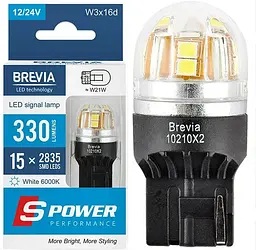 LED автолампа Brevia Spower 12/24V T20 W21W 15x2835SMD 330Lm 6000K CANbus W3x16d 2 шт (10210X2)