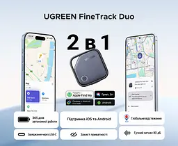 Bluetooth-трекери для пошуку речей UGREEN Finder Pro CM916 2 шт. AirTag пошукові мітки Apple Find My або Android Find Hub з перезаряджанням через USB-C зі звуковим пошуком зі сповіщеннями про залишені речі зі спільним доступом до місцезнаходження автономність до 365 днів синьо-сірі з чорною окантовкою (75646A) - мініатюра 12