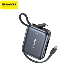Power Bank Awei C03 20000mAh 45W зі швидкою зарядкою та вбудованими кабелями Type-C/Lightning (Чорний) - мініатюра 7
