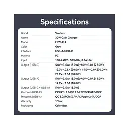 Зарядний пристрій Vention 1xUSB-C PD 30 Вт + 1xUSB QC 3.0 18 Вт GaN сірий (FEWH0-EU) - мініатюра 2