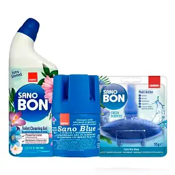 Набір Sano Бачок для миття унітазу Blue Flash, Засіб для миття унітазу Морський, Гель для чищення унітазів Sanobon Gel Lotus (287607, 935635, 352153)
