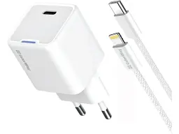 Мережевий зарядний пристрій ColorWay GaN Mini 20 W + кабель Lightning White (CW-CHS059PDL-WT)