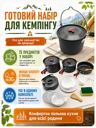 Набір посуду для кемпінгу 15 предметів алюмінієвий з чайником і чохлом для пікніка (49675915) - мініатюра 2