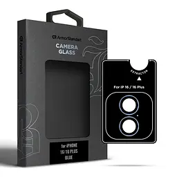 Захисне скло для камери Apple iPhone 16/16 Plus, Supreme BI, синій колір, з рамкою, глянцеве скло для захисту лінз, протиударне, прозоре, з клейовим шаром по контуру, не впливає на якість фото, ArmorStandart (ARM79427)