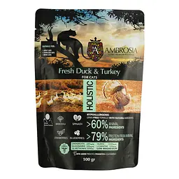 Сухой корм Ambrosia Grain Free для взрослых кошек со свежей уткой и индейкой 100 г