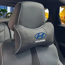 Подушка на підголівник з логотипом Hyundai Екошкіра 3D Кольоровий лого Чорна-Синій кант 1 шт