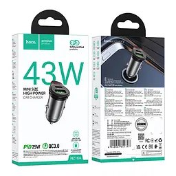 Автомобільне зарядне пристрій HOCO NZ16A Rigorous 43W dual port PD25W+QC3.0 car charger металево-сірий - мініатюра 2