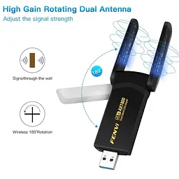 Бездротовий USB Wi-Fi адаптер Fenvi FU-AX1800, 2.4 / 5 GHz Mu-MIMO чорний (18838) - мініатюра 4