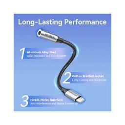 Перехідник Lightning to 3.5mm 0.1m cotton braided aluminum gray Vention (BMBHA) - мініатюра 5