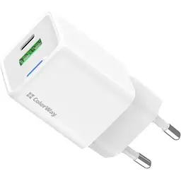 Мережевий зарядний пристрій ColorWay, White, 35 Вт, GaN, 1xType-C (PD3.0) / 1xUSB (QC4.0), Auto ID (CW-CHS055PD-WT)