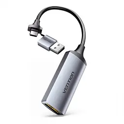Зовнішня карта відеозахоплення Vention вхід HDMI вихід USB-C або USB-A до комп’ютера захоплення до 1080p 60 Гц вхідний сигнал до 4K 60 Гц для сигналу без захисту HDCP для запису та трансляцій сумісна з OBS Studio вбудований кабель 0,1 м сірий (ACWHA)