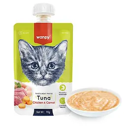 Крем-пюре для котів Wanpy Тунець та Курка з Морквою 90 г рідкий корм з низьким вмістом жиру 0,1%