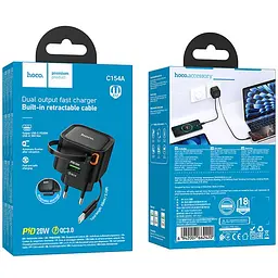 МЗП Hoco C154A Changer With Retractable Cable Type-C PD20W+QC3.0 (1USB-C) Black - мініатюра 2