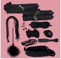 BDSM набір 10 предметів Плетінка, наручники, бандажна мотузка, шльопалка, кляп, маска  - мініатюра 2