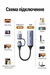 Карта захоплення відео й звуку для трансляцій і запису UGREEN UG307 HDMI-вхід і USB 3.0 вихід до хоста через USB-A або USB-C Режими 4K 60 Гц 2K 60 Гц та 1080p 240 Гц Для заявлених частот дисплей має підтримувати відповідний режим Сумісна з Linux і системами Windows та macOS Працює без встановлення драйверів Вбудований кабель завдовжки 12 см Алюмінієвий корпус відводить тепло Формат PCM 2.0 Космічний сірий (95348) - мініатюра 3