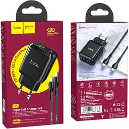 Мережевий зарядний пристрій Hoco N5 1USB + Type-C PD20W+QC3.0 3A Black + Cable Type-C to Type-C - мініатюра 3