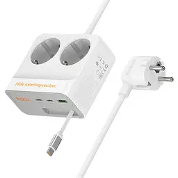 Мережевий фільтр HOCO AC28A на 2 розетки + 1 USB + 3 USB-C, 45W, 220В, кабель 2м, White, Box - мініатюра 2