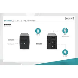 ДБЖ Digitus Line-Interactive, 600VA/360W, LED, 2xSchuko, RJ11, USB - мініатюра 4