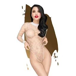 Боді Penthouse Scandalous XL White, велика сітка, високий комір, довгі рукави - мініатюра 1