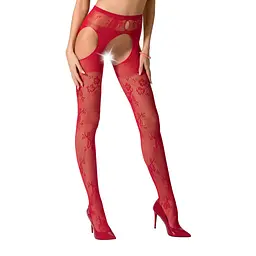 Сексуальні колготки-бодістокінги Passion S022 One Size, Red, імітація панчіх і пояса з гартерами - мініатюра 1